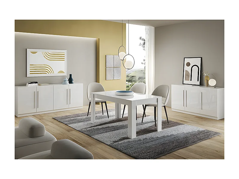 CLARK - Ensemble Séjour Laqué Blanc Table 160cm + Buffets 3 et 4 Portes