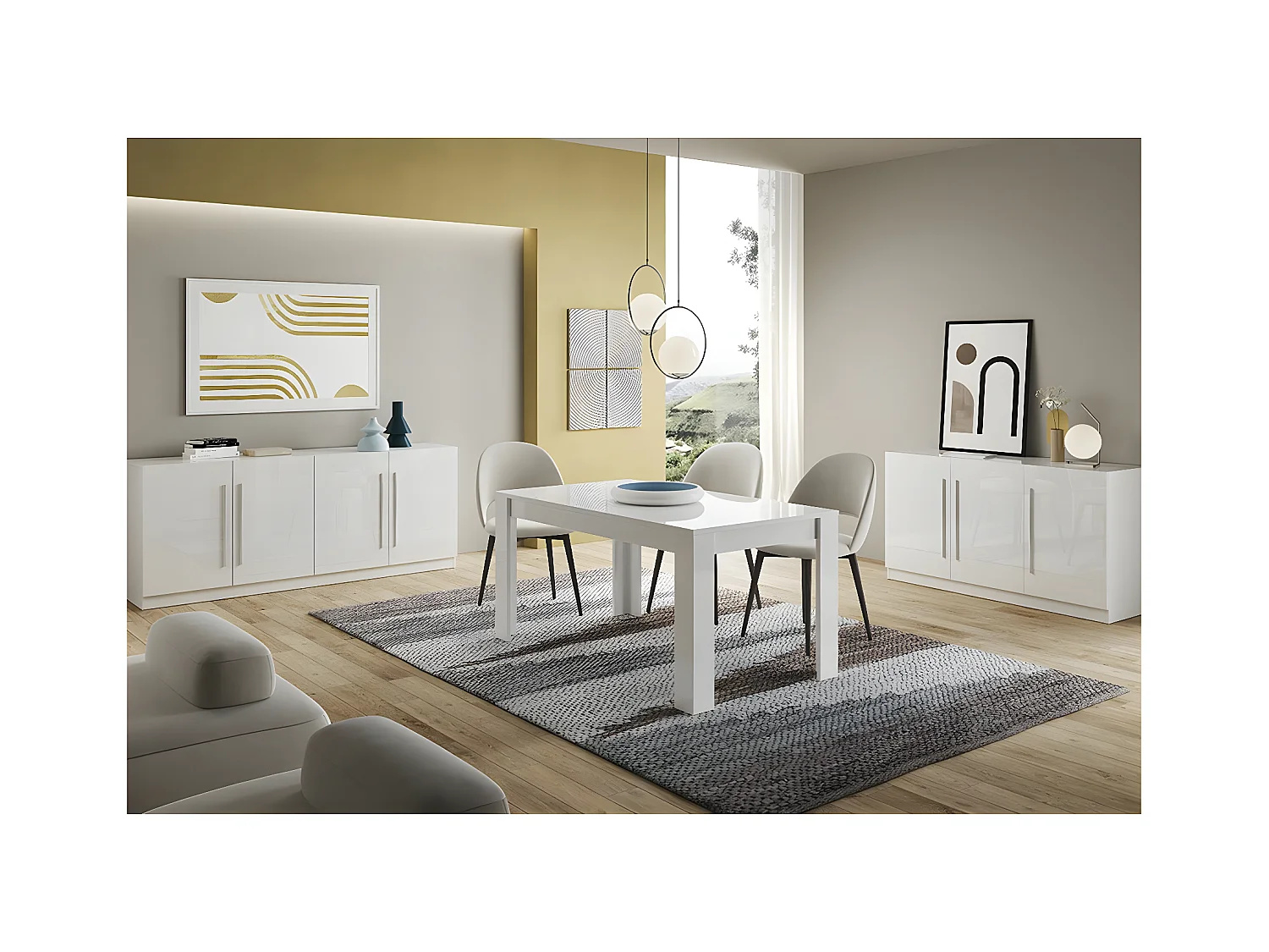 CLARK - Ensemble Séjour Laqué Blanc Table 160cm + Buffets 3 et 4 Portes