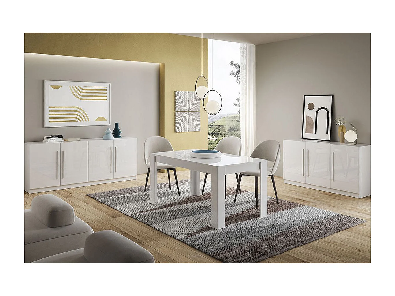CLARK - Ensemble Séjour Laqué Blanc Table 160cm + Buffets 3 et 4 Portes