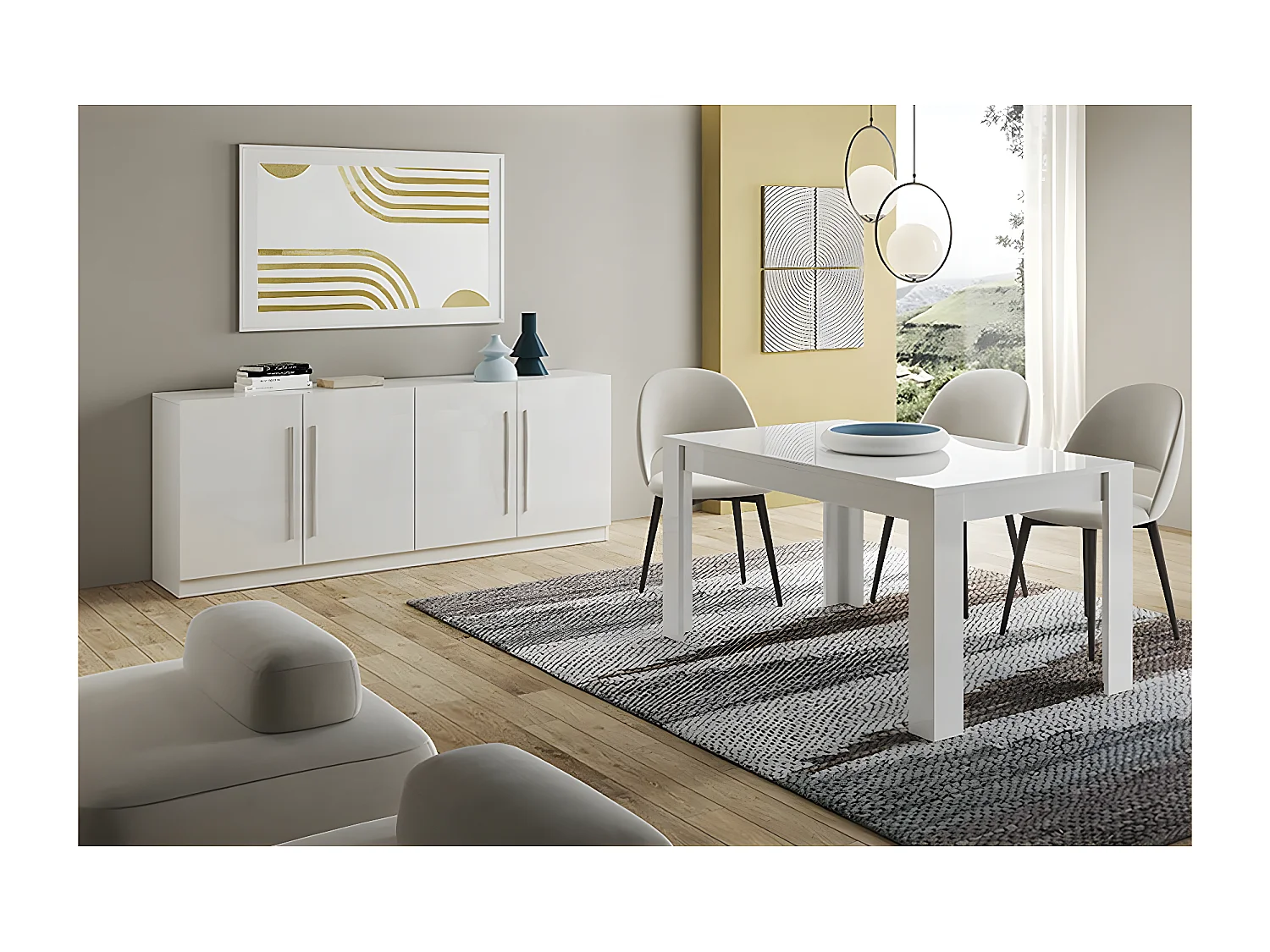 CLARK - Ensemble Séjour Laqué Blanc Table 160cm + Buffet 4 Portes