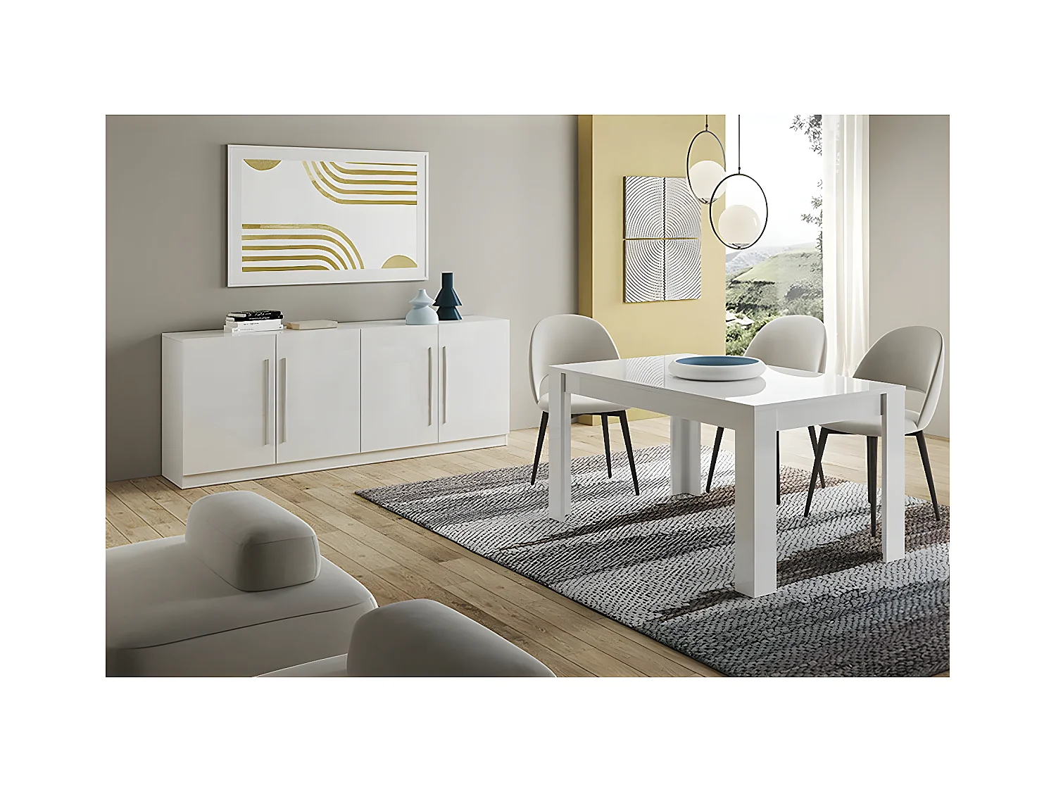 CLARK - Ensemble Séjour Laqué Blanc Table 160cm + Buffet 4 Portes