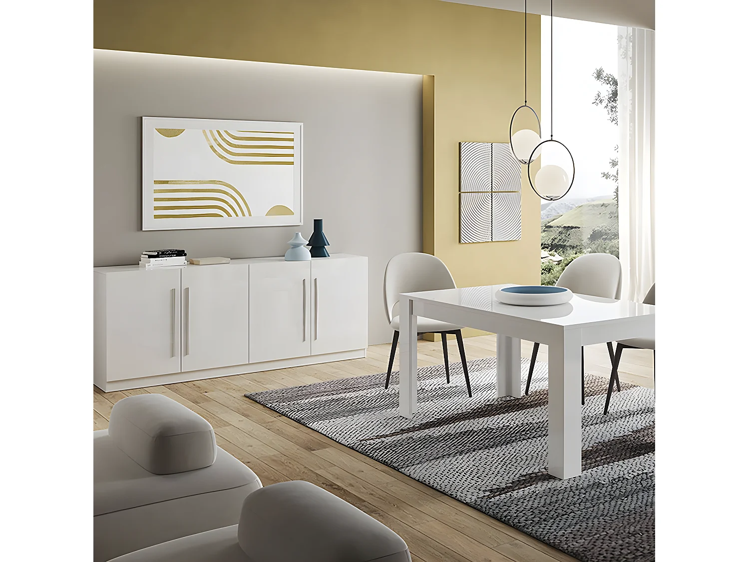 CLARK - Ensemble Séjour Laqué Blanc Table 160cm + Buffet 4 Portes
