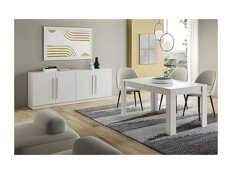 CLARK - Ensemble Séjour Laqué Blanc Table 160cm + Buffet 4 Portes