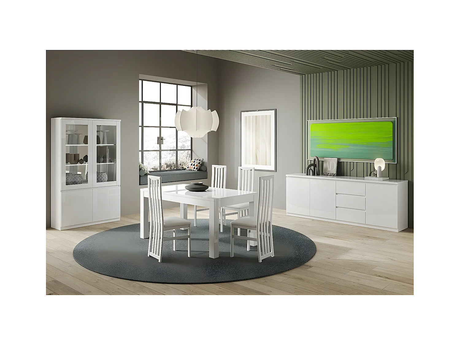 DEYTON - Ensemble Séjour Complet Laqué Blanc Table 138cm + Buffet + Vitrine avec Leds