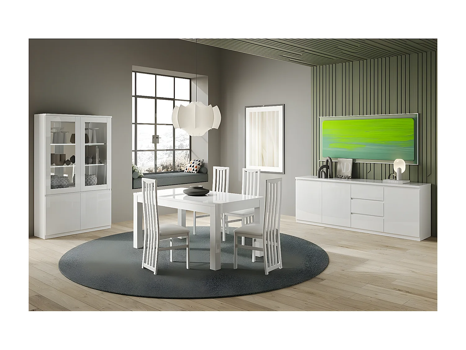 DEYTON - Ensemble Séjour Complet Laqué Blanc Table 138cm + Buffet + Vitrine avec Leds