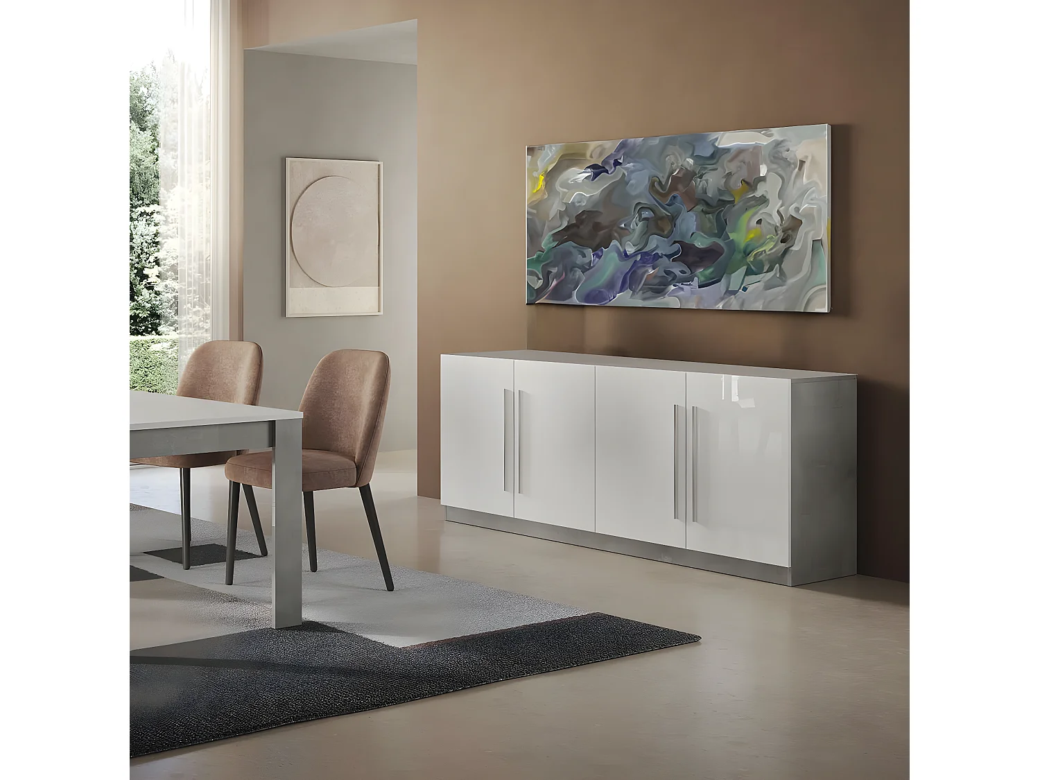 CLARK - Ensemble Séjour Complet Blanc et Marbre Table 190cm + Buffet + Vitrine avec Leds