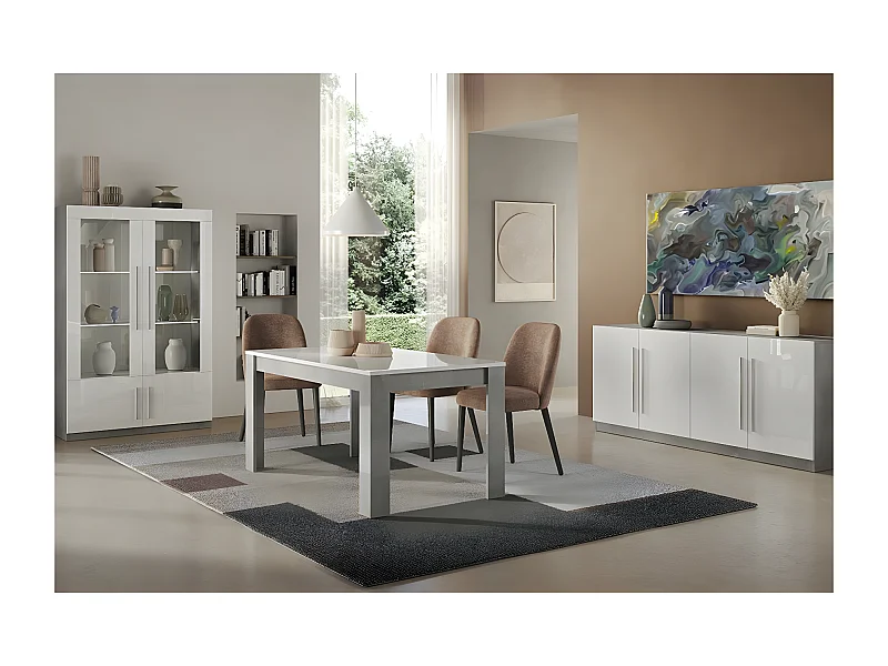 CLARK - Ensemble Séjour Complet Blanc et Marbre Table 190cm + Buffet + Vitrine avec Leds