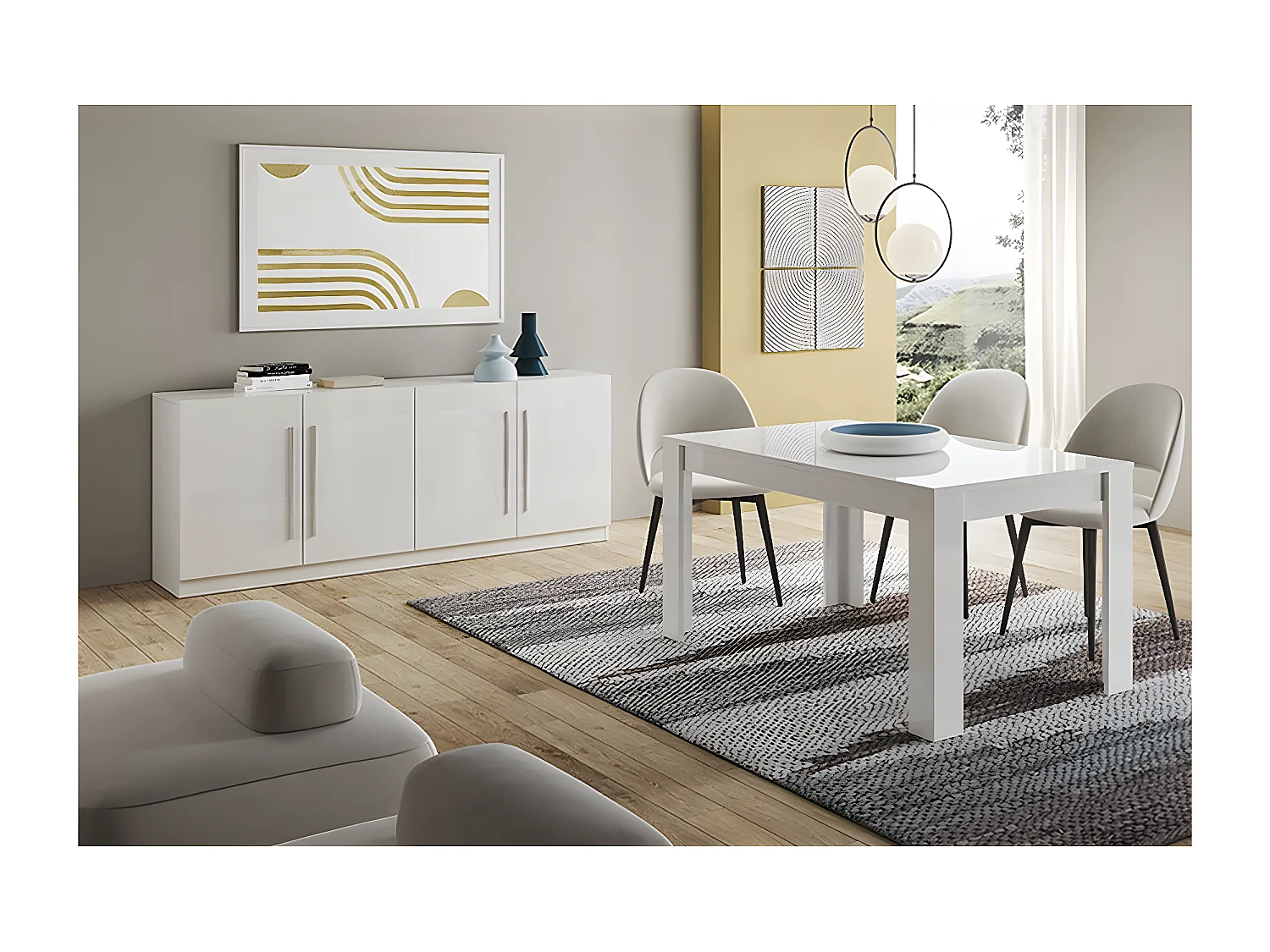 CLARK - Ensemble Séjour Laqué Blanc Table 190cm + Buffet 4 Portes