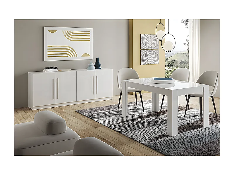 CLARK - Ensemble Séjour Laqué Blanc Table 190cm + Buffet 4 Portes