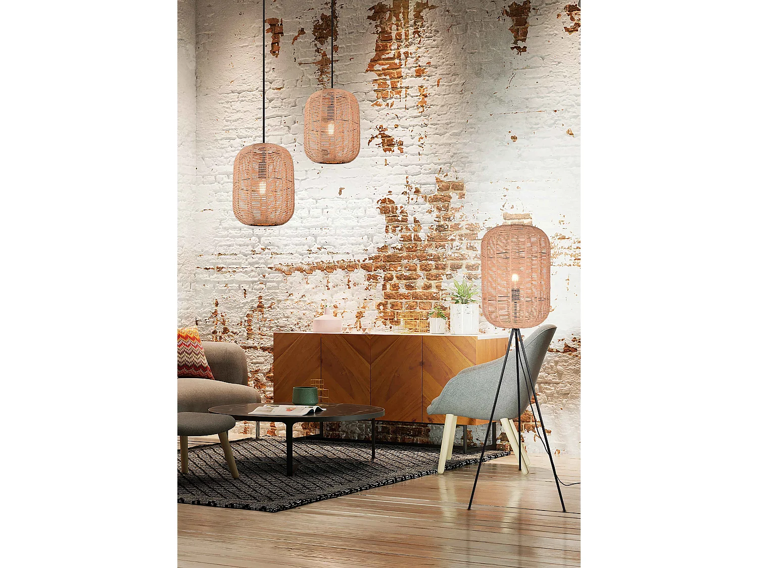 Lampadaire Led métal et sisal culot E27 - Trio - Runa