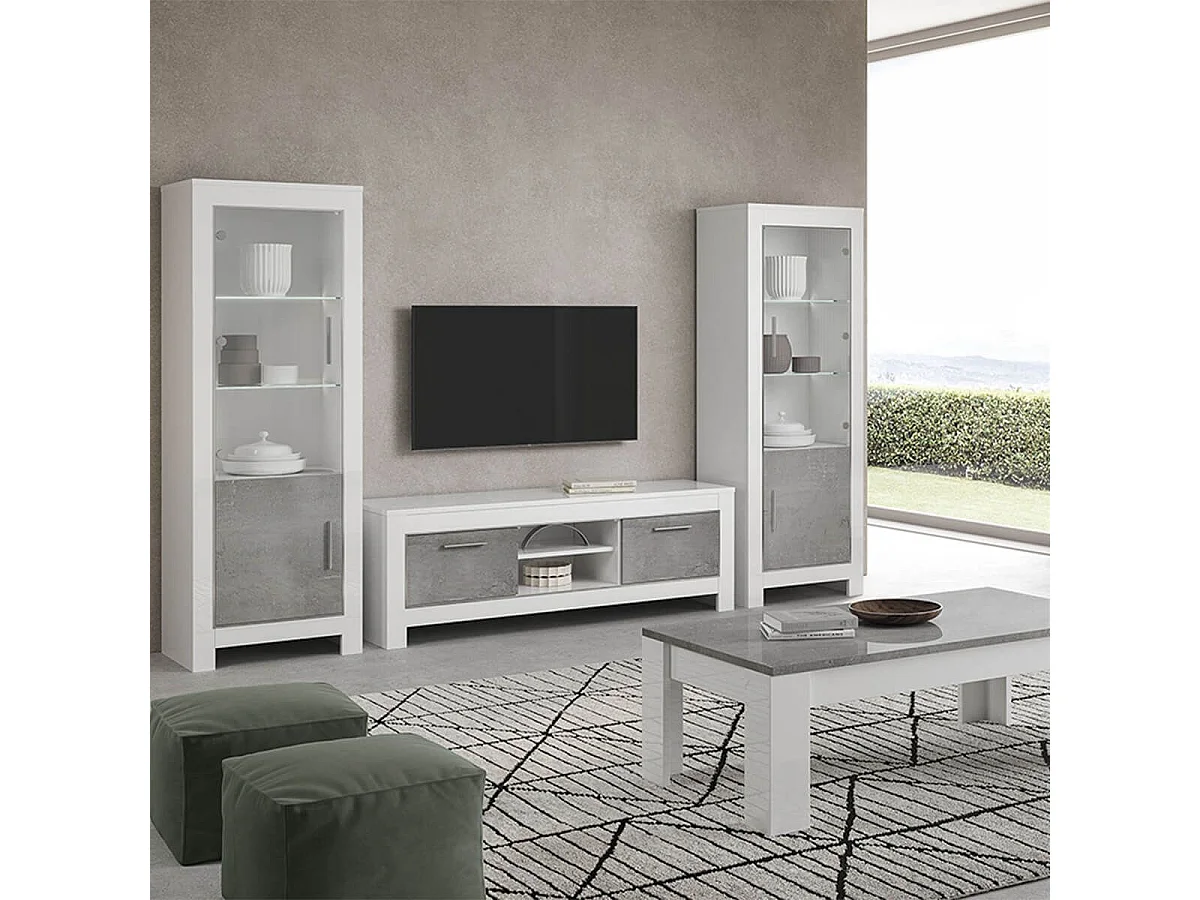 DENAE - Ensemble Salon Complet Blanc et Gris Marbré Meuble TV + Table Basse + Vitrines Leds