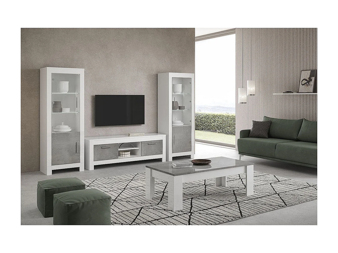 DENAE - Ensemble Salon Complet Blanc et Gris Marbré Meuble TV + Table Basse + Vitrines Leds