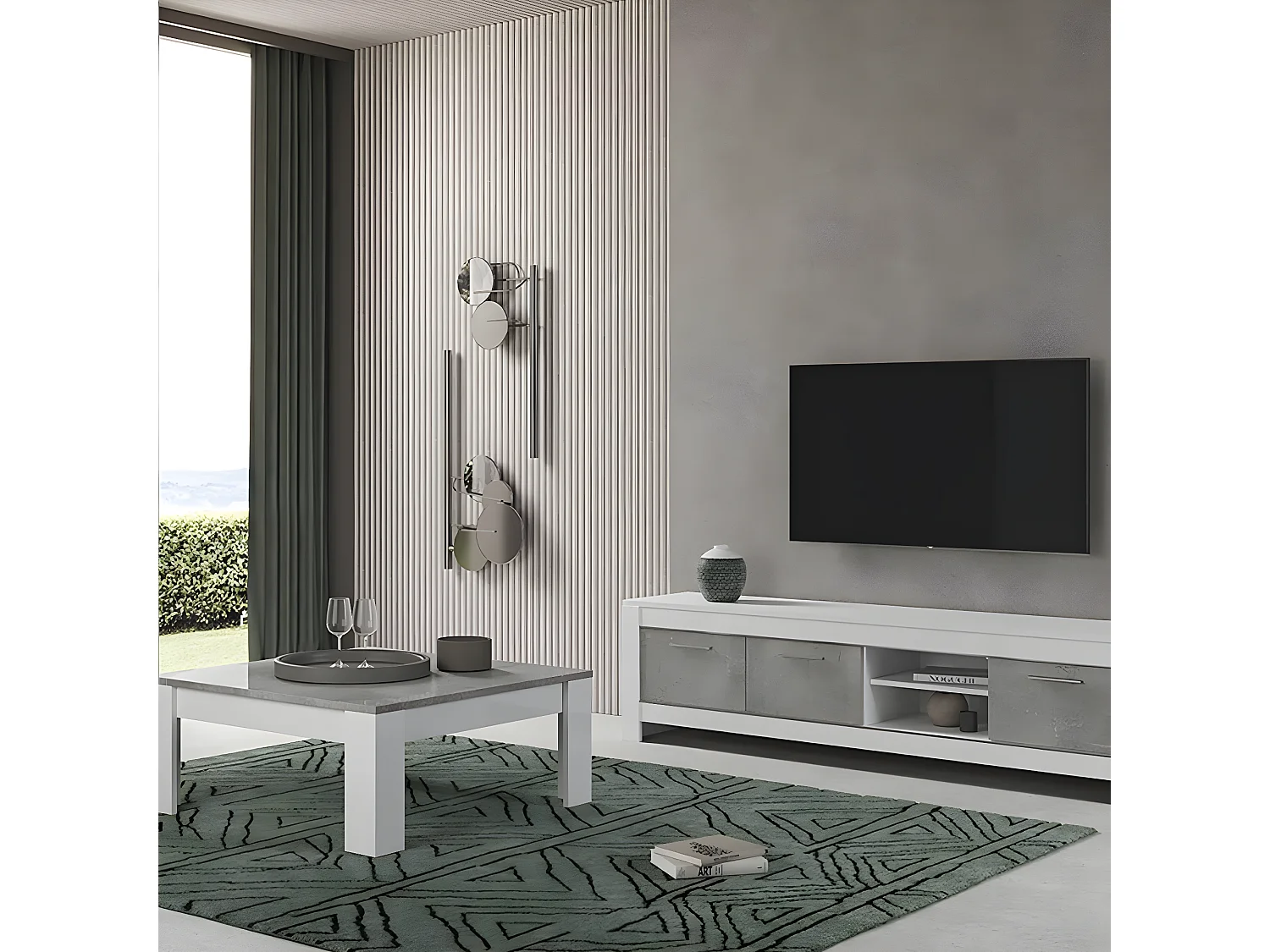 DENAE - Ensemble Salon Blanc et Gris Marbré Meuble TV 3 Portes + Table Basse Carrée