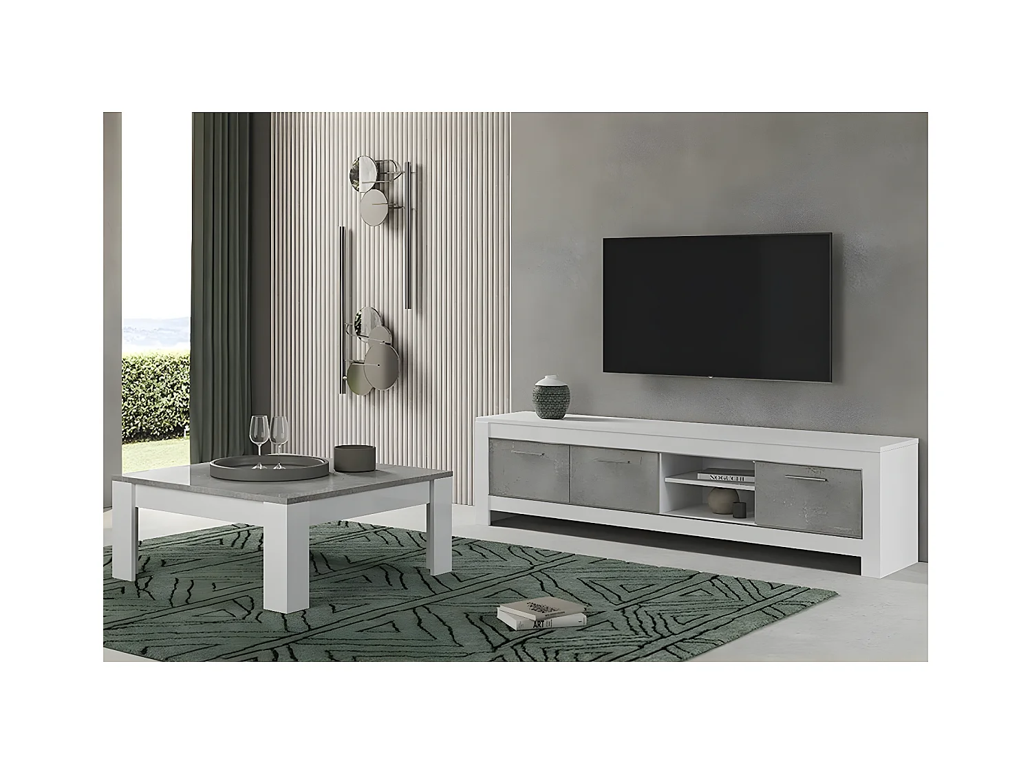 DENAE - Ensemble Salon Blanc et Gris Marbré Meuble TV 3 Portes + Table Basse Carrée