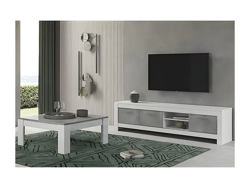 DENAE - Ensemble Salon Blanc et Gris Marbré Meuble TV 3 Portes + Table Basse Carrée