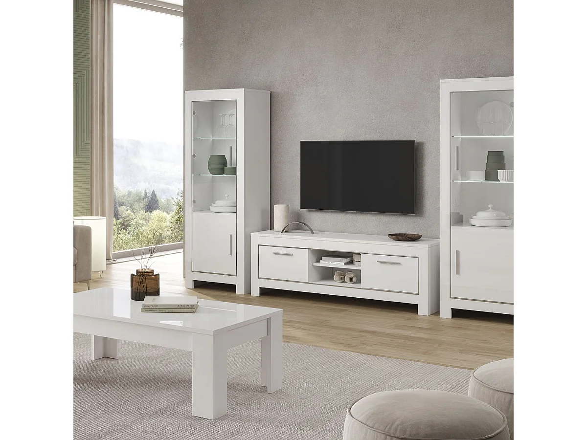 DENAE - Ensemble Salon Complet Laqué Blanc Brillant Meuble TV + Table Basse + Vitrines Leds