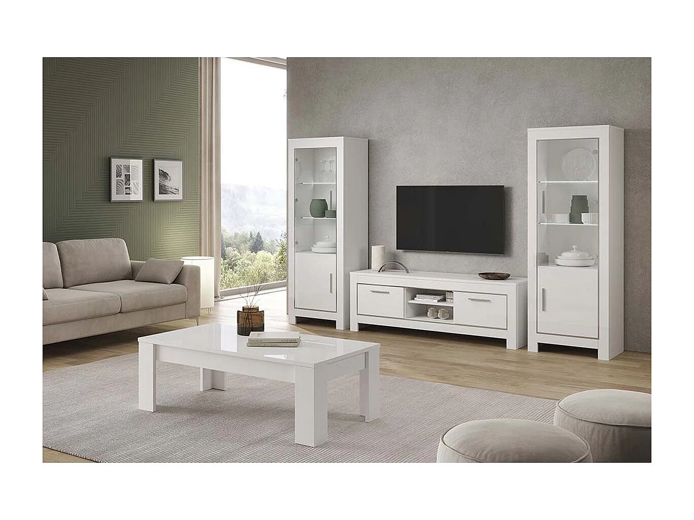 DENAE - Ensemble Salon Complet Laqué Blanc Brillant Meuble TV + Table Basse + Vitrines Leds