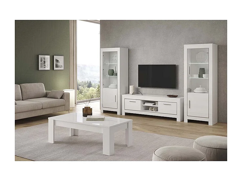 DENAE - Ensemble Salon Complet Laqué Blanc Brillant Meuble TV + Table Basse + Vitrines Leds