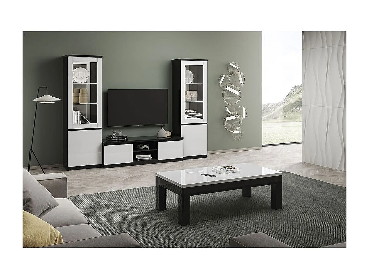 DEYTON - Ensemble Salon Complet Laqué Noir et Blanc Meuble TV + Vitrines avec Leds + Table Basse 127cm