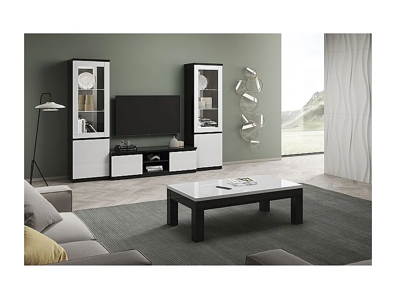 DEYTON - Ensemble Salon Complet Laqué Noir et Blanc Meuble TV + Vitrines avec Leds + Table Basse 127cm