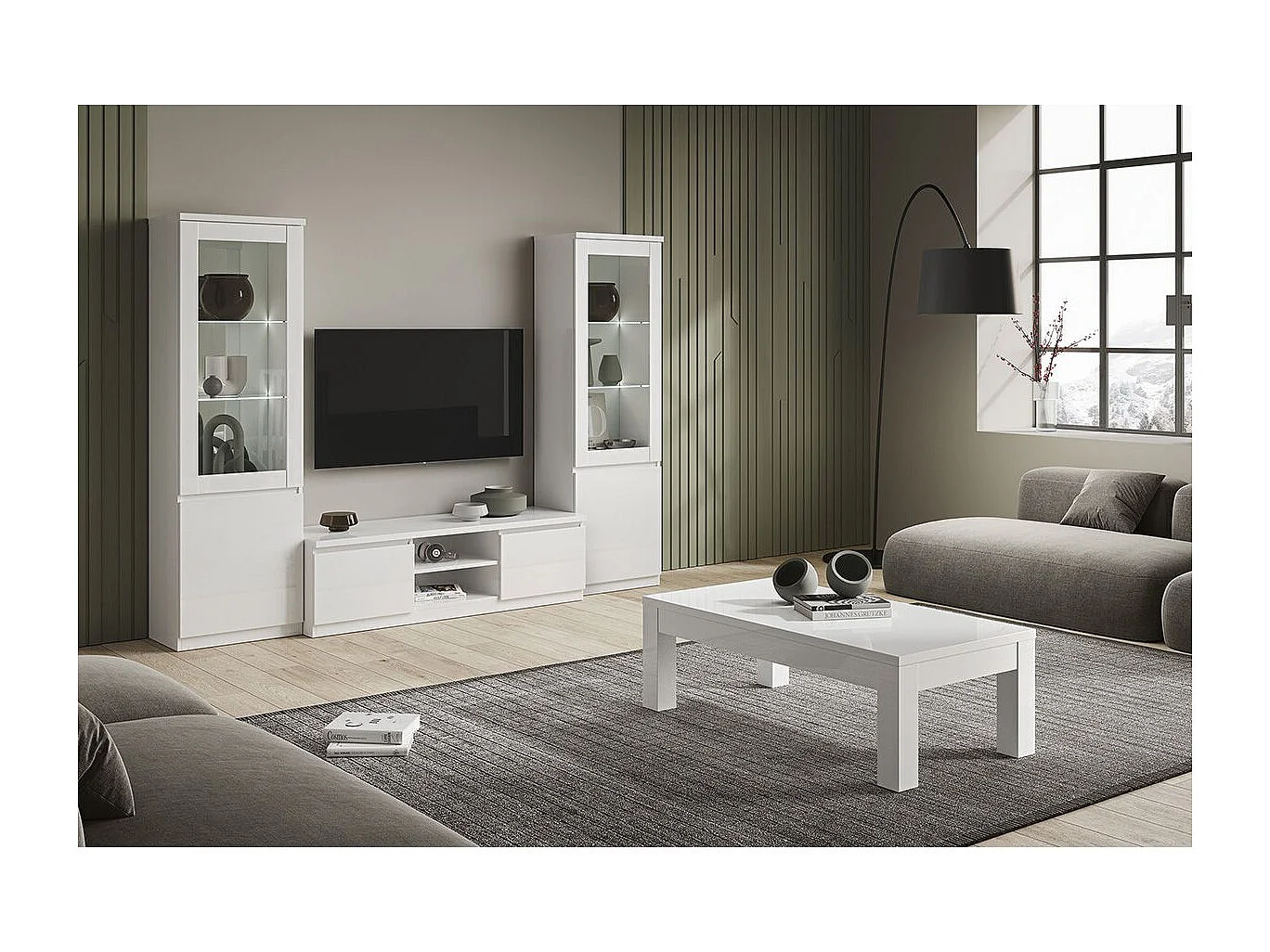 DEYTON - Ensemble Salon Complet Laqué Blanc Meuble TV + Vitrines avec Leds + Table Basse 127cm