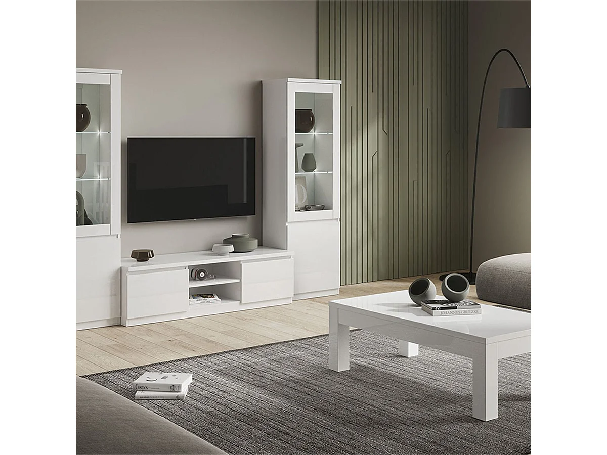 DEYTON - Ensemble Salon Complet Laqué Blanc Meuble TV + Vitrines avec Leds + Table Basse 127cm