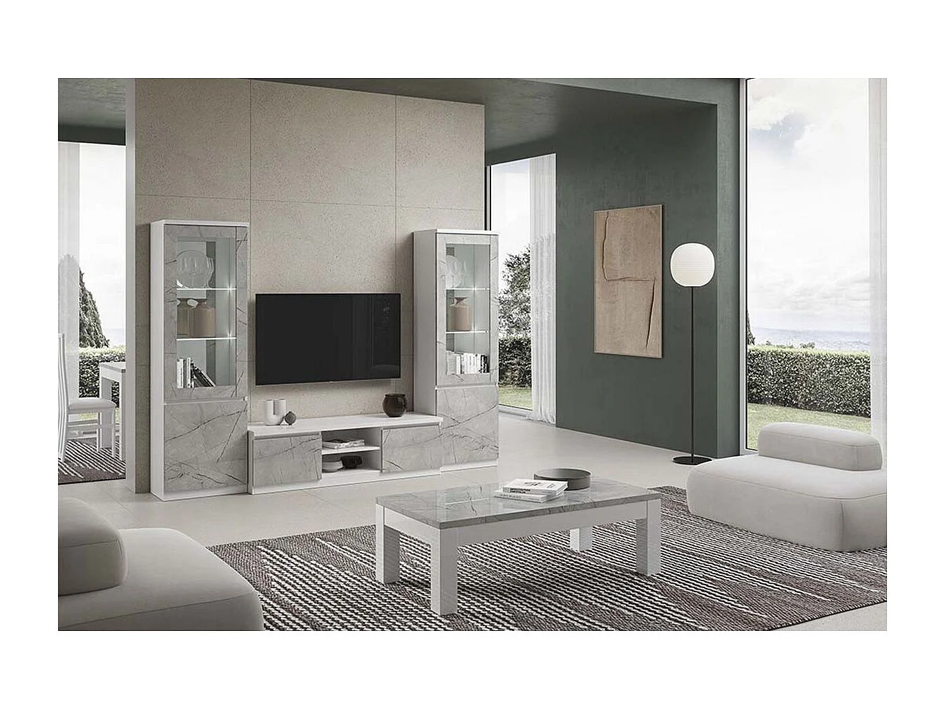 DEYTON - Ensemble Salon Complet Blanc et Gris Marbré Meuble TV + Vitrines avec Leds + Table Basse 127cm