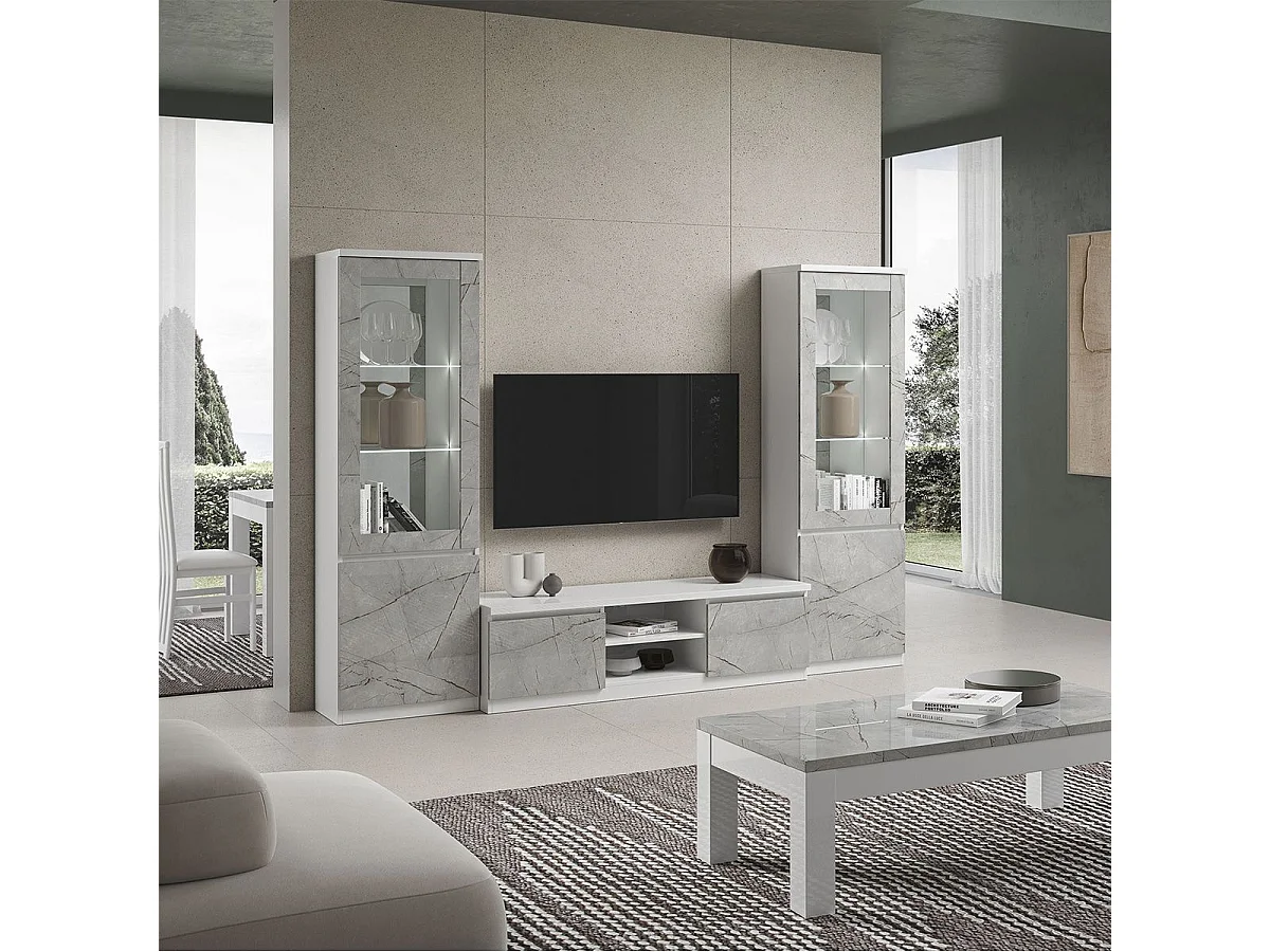 DEYTON - Ensemble Salon Complet Blanc et Gris Marbré Meuble TV + Vitrines avec Leds + Table Basse 127cm