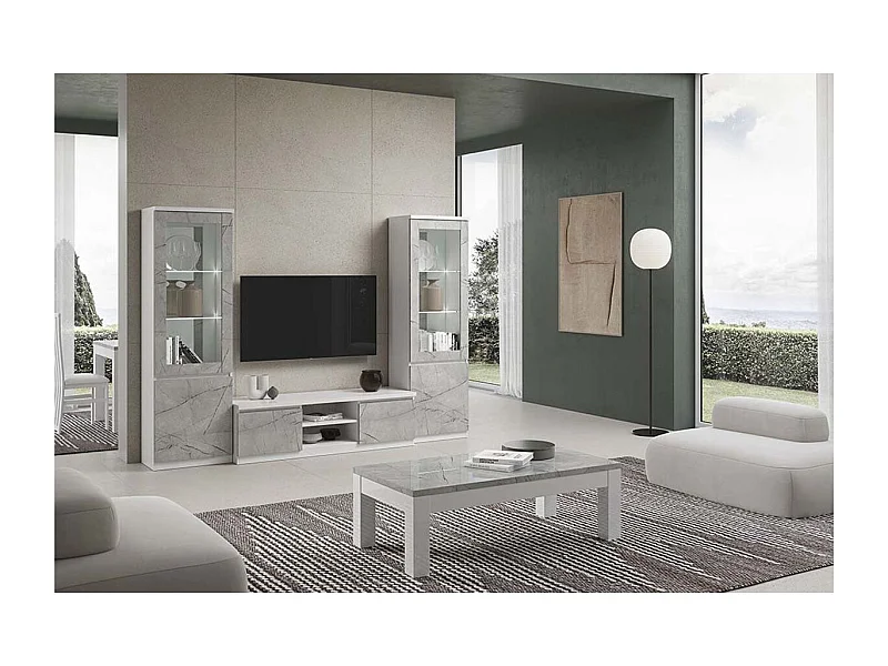 DEYTON - Ensemble Salon Complet Blanc et Gris Marbré Meuble TV + Vitrines avec Leds + Table Basse 127cm