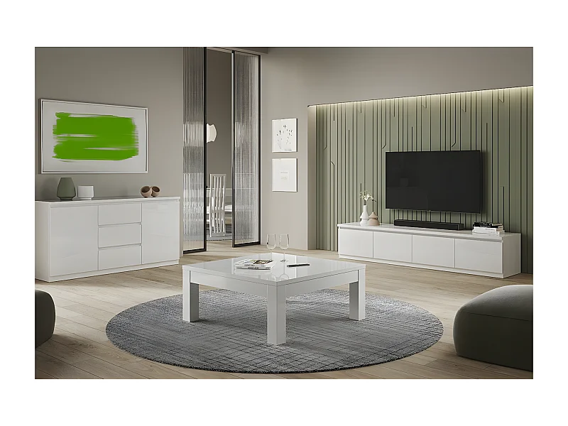 DEYTON - Ensemble Salon Laqué Blanc Meuble TV 4 Portes + Table Basse Carrée + Buffet