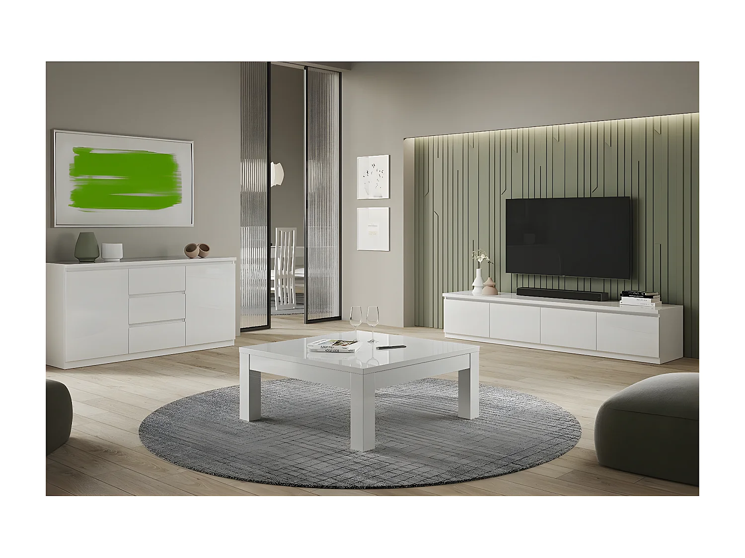 DEYTON - Ensemble Salon Laqué Blanc Meuble TV 4 Portes + Table Basse Carrée + Buffet