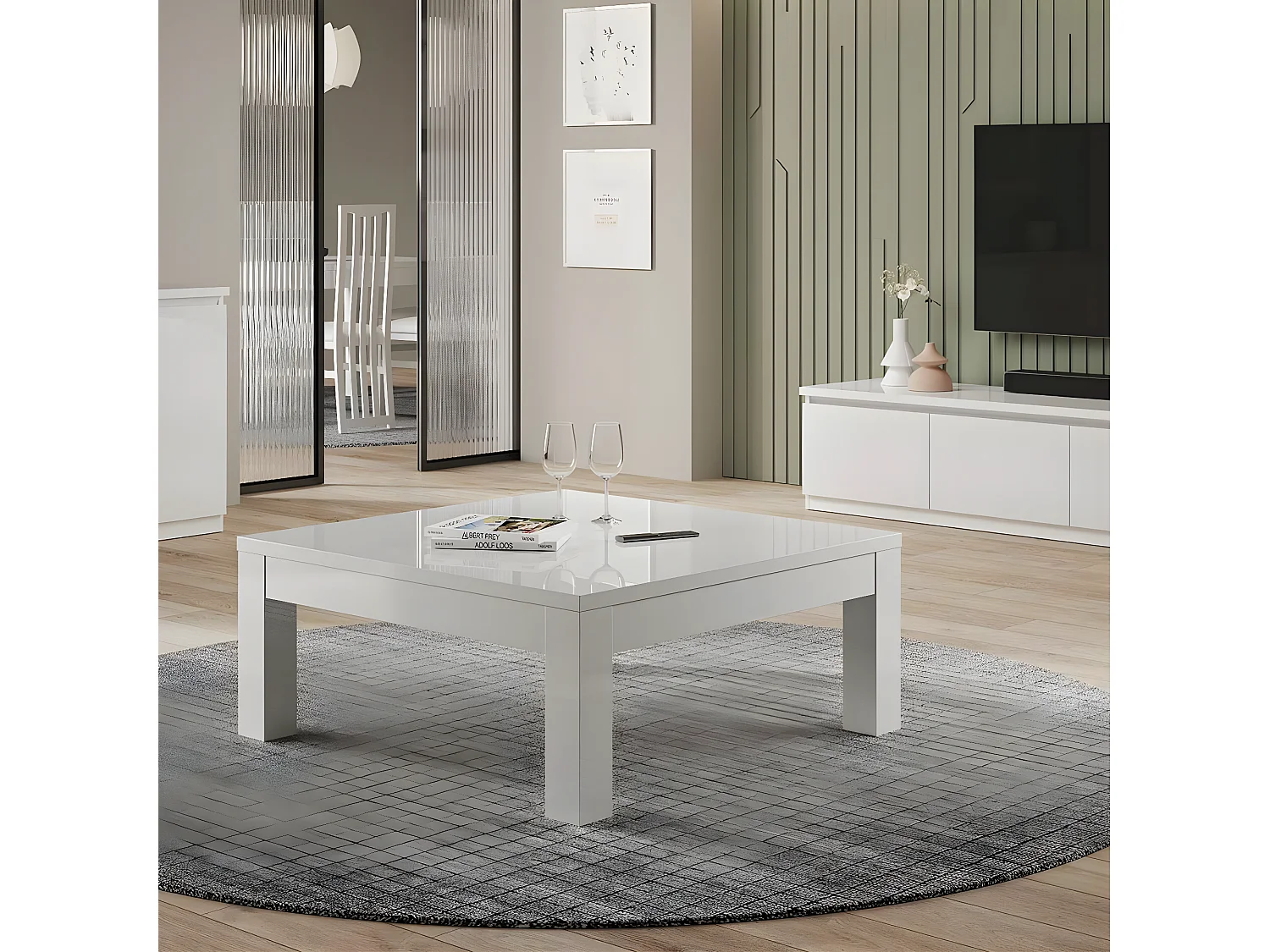 DEYTON - Ensemble Salon Laqué Blanc Meuble TV 4 Portes + Table Basse Carrée + Buffet