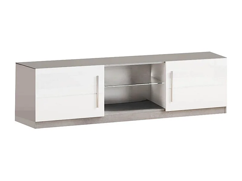 CLARK - Meuble TV 2 Portes Moderne Laqué Blanc et Marbre avec Leds