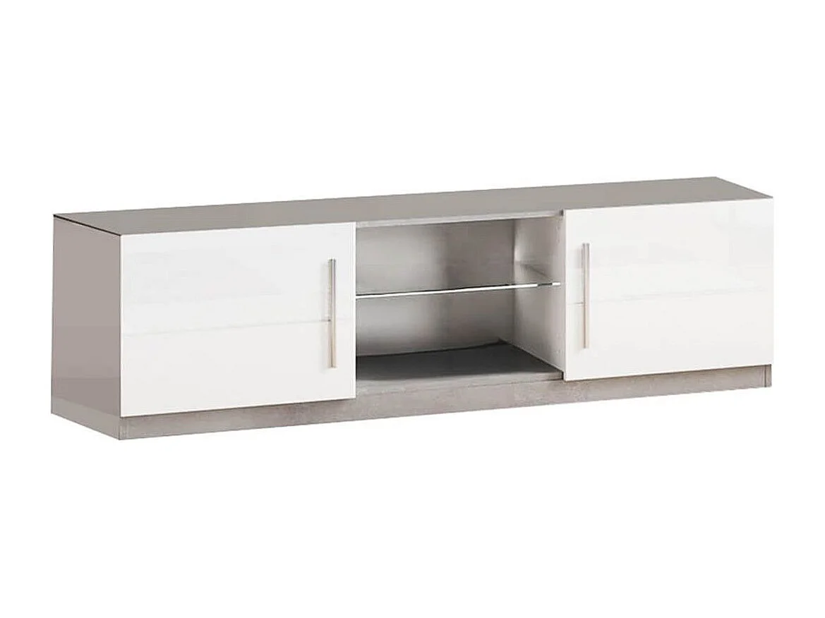 CLARK - Meuble TV 2 Portes Moderne Laqué Blanc et Marbre avec Leds