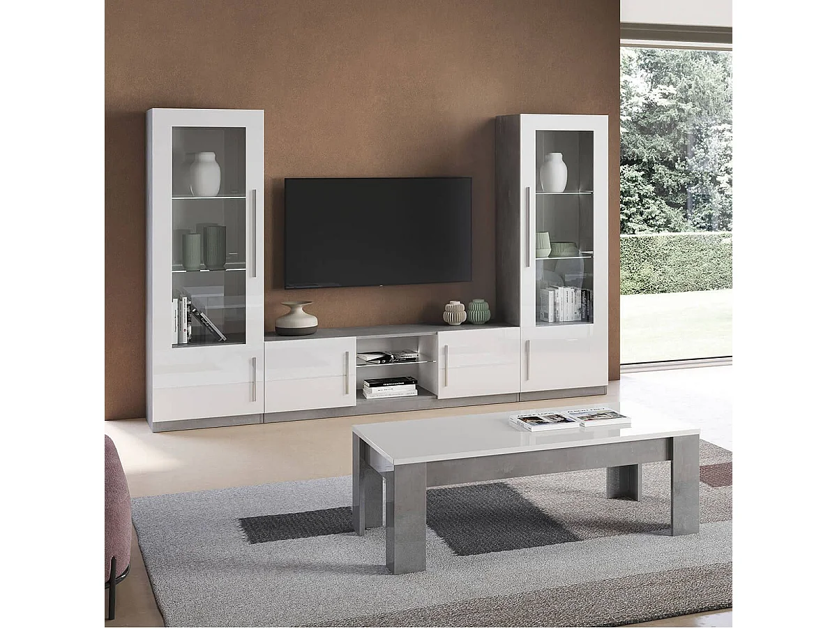 CLARK - Meuble TV 2 Portes Moderne Laqué Blanc et Marbre avec Leds