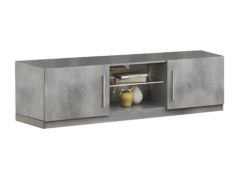 CLARK - Meuble TV 2 Portes Moderne Laqué Effet Marbre avec Leds