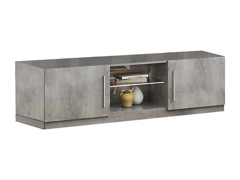 CLARK - Meuble TV 2 Portes Moderne Laqué Effet Marbre avec Leds