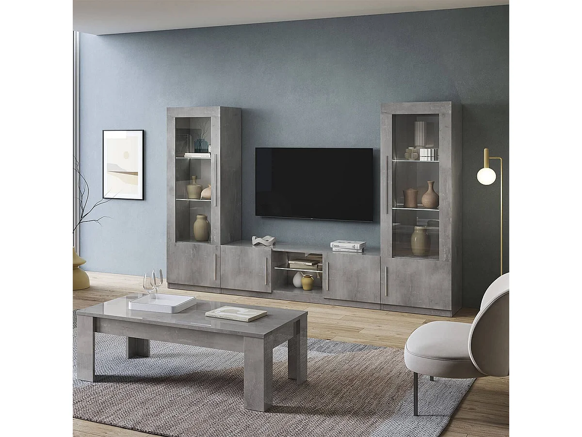 CLARK - Meuble TV 2 Portes Moderne Laqué Effet Marbre avec Leds