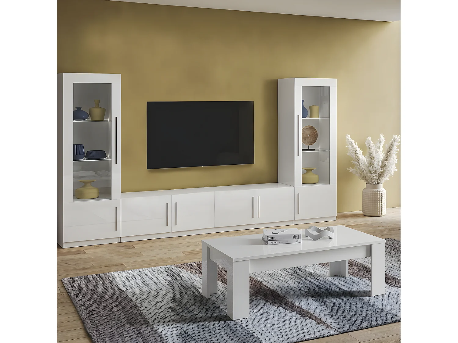 CLARK - Meuble TV 4 Portes Moderne Laqué Blanc Poignées en Métal