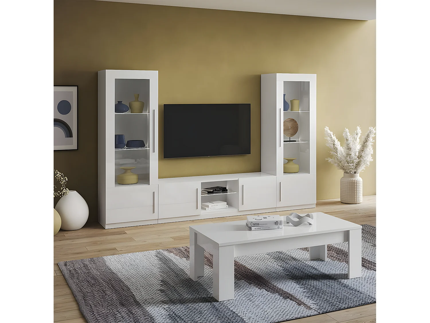CLARK - Meuble TV 2 Portes Moderne Laqué Blanc avec Leds