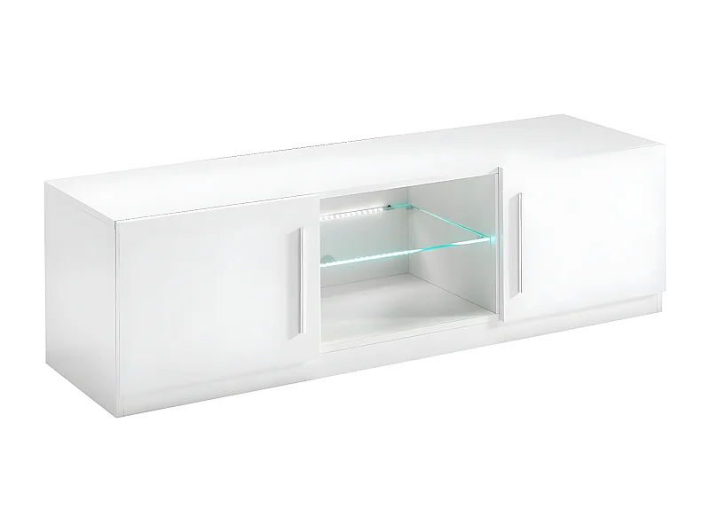 CLARK - Meuble TV 2 Portes Moderne Laqué Blanc avec Leds