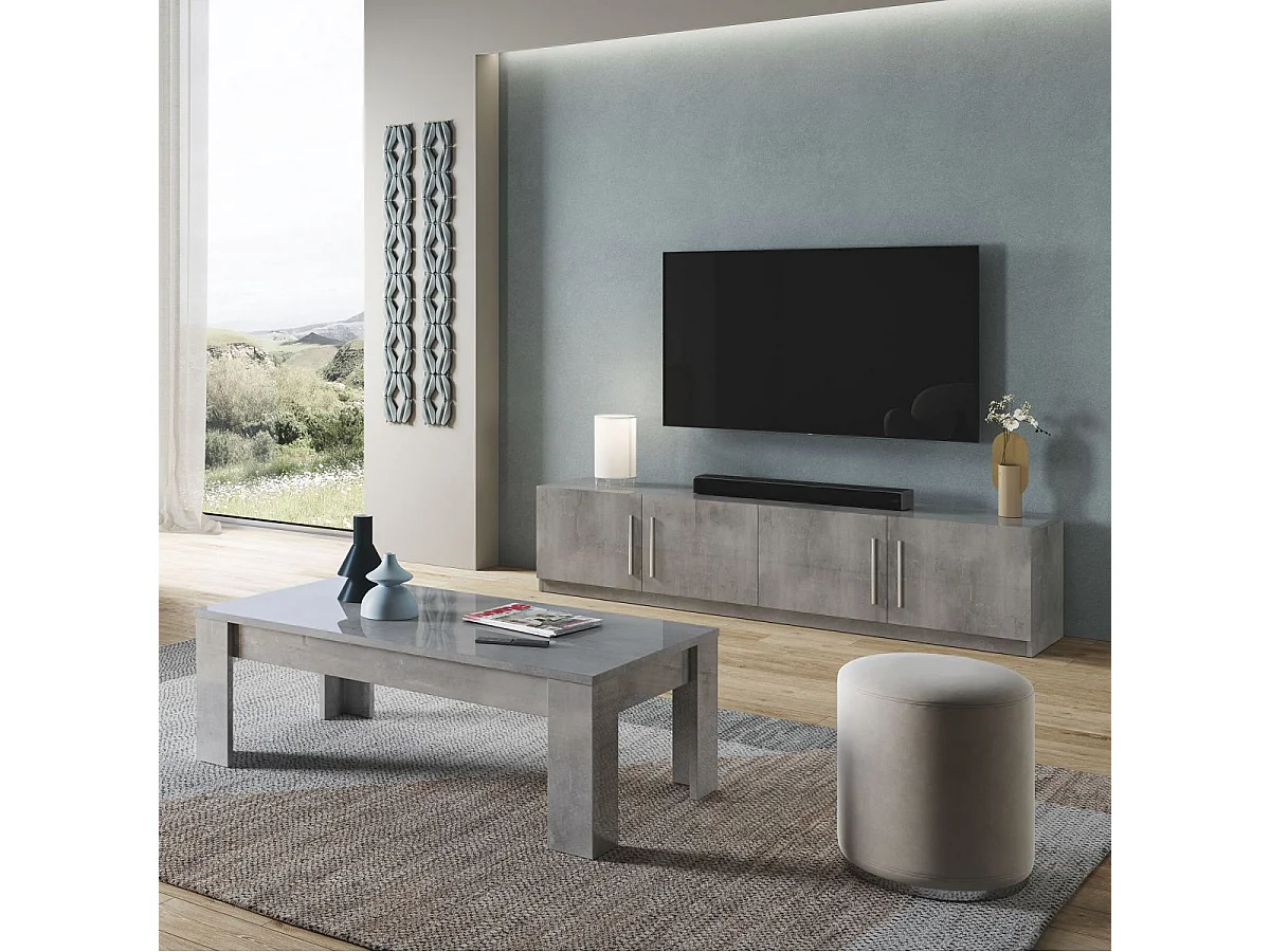 CLARK - Meuble TV 4 Portes Moderne Laqué Effet Marbre Poignées en Métal