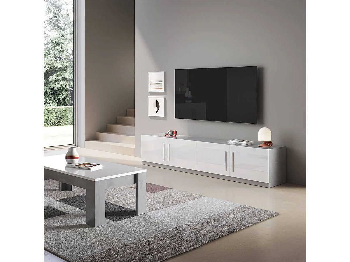 CLARK - Meuble TV 4 Portes Moderne Laqué Blanc et Marbre Poignées en Métal