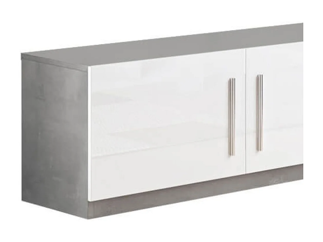 CLARK - Meuble TV 4 Portes Moderne Laqué Blanc et Marbre Poignées en Métal