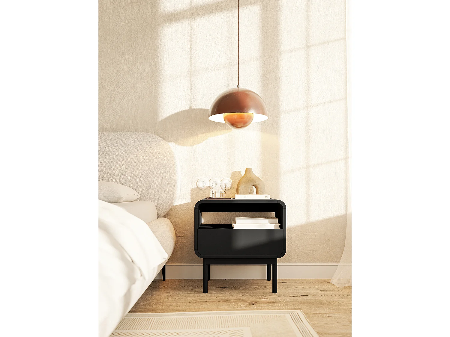 Comodino - 54 cm - con cassetto e rientranza - nero - ORO
