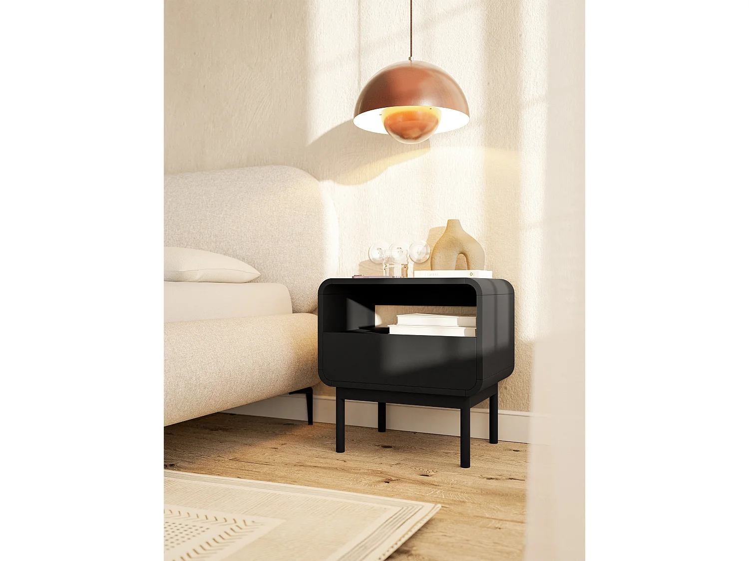 Comodino - 54 cm - con cassetto e rientranza - nero - ORO