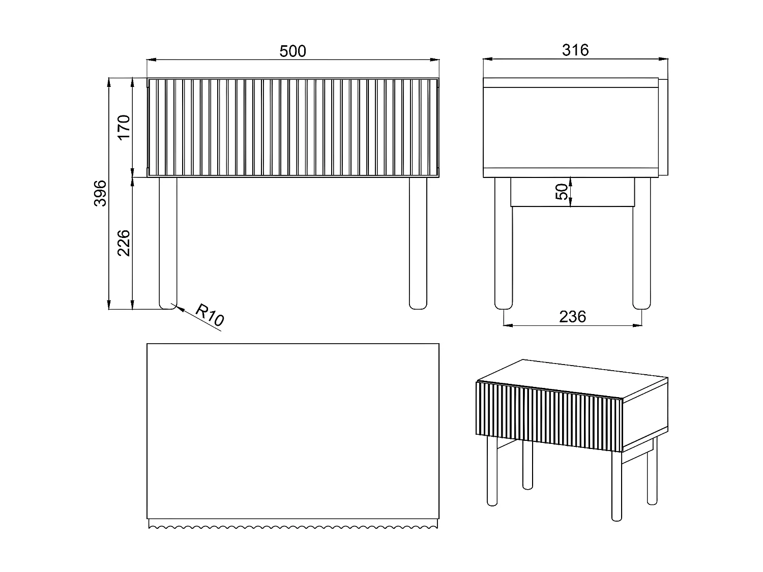 Mesita de noche - 50 cm - con cajón colgante - Fresno Portland negro - NOLIE
