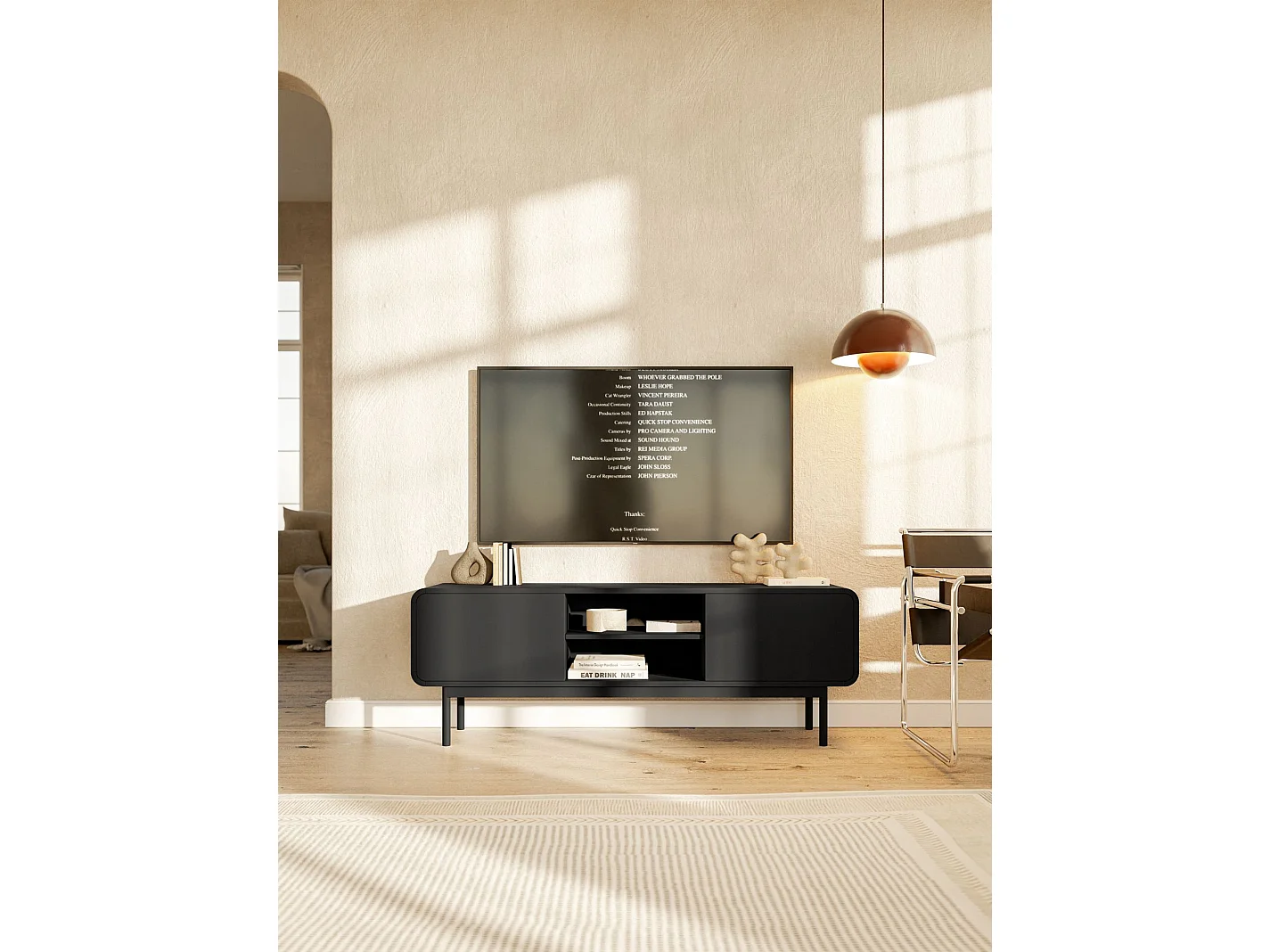 Meuble TV - 154 cm - avec deux tiroirs et une niche - debout - noir - ORO