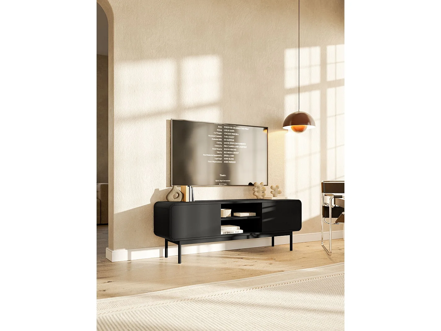 Meuble TV - 154 cm - avec deux tiroirs et une niche - debout - noir - ORO