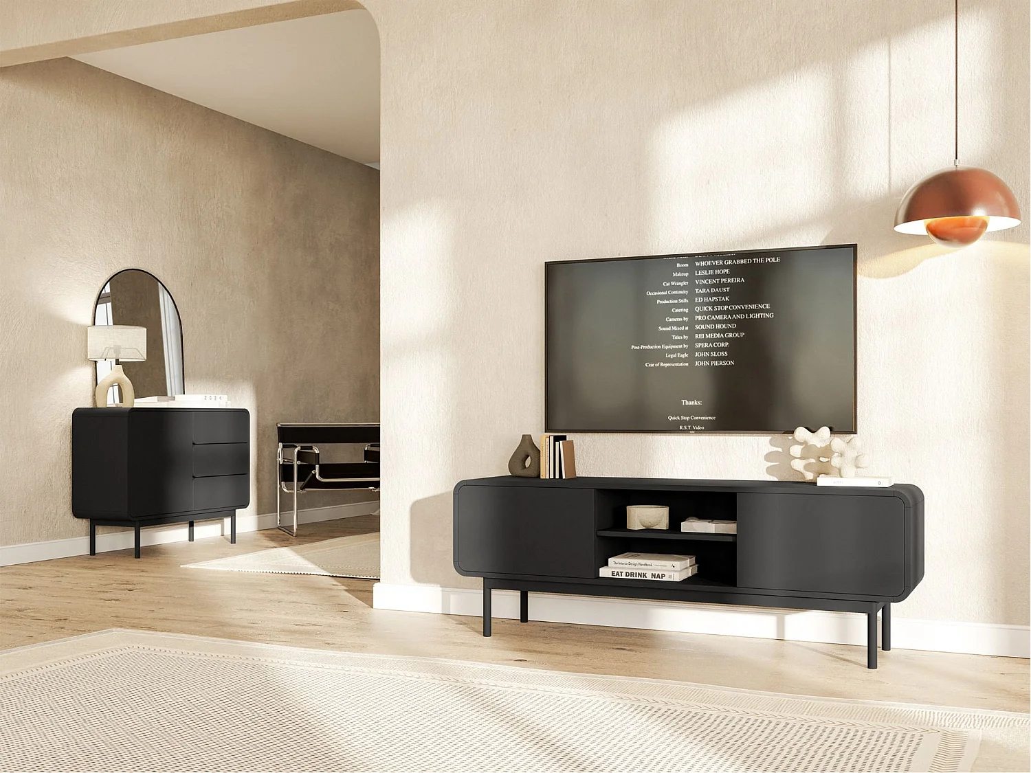 Meuble TV - 154 cm - avec deux tiroirs et une niche - debout - noir - ORO